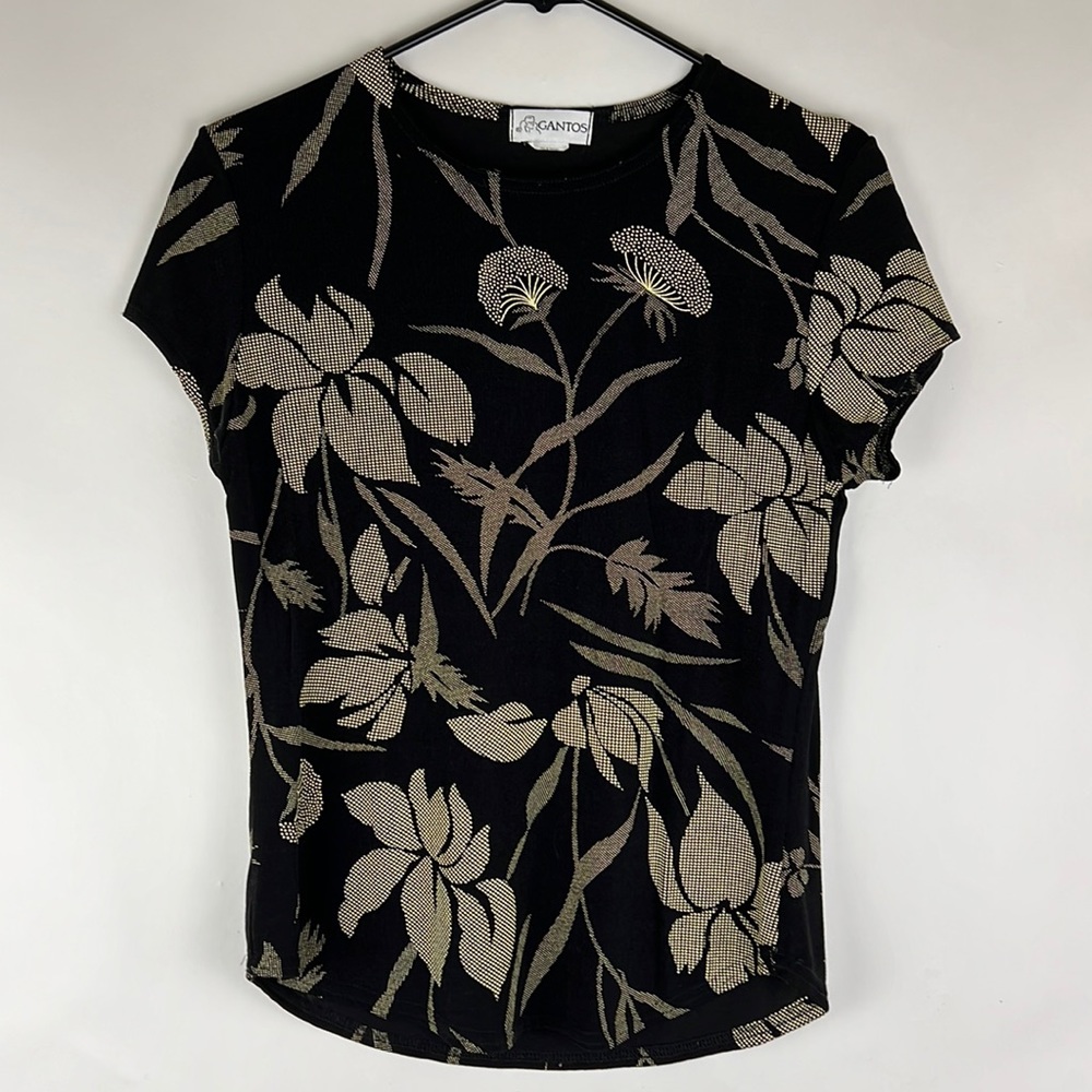 GANTOS short sleeve cling floral beige print on black blouse S